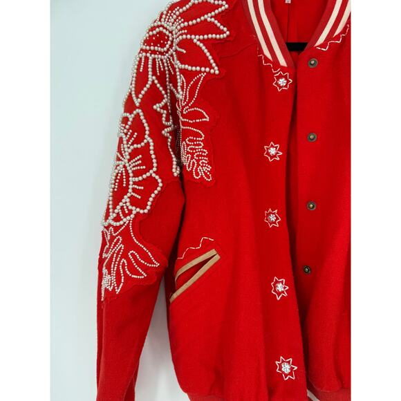 Free People Pretty In Pearls Bomber Jacket Varsity Red Medium M - Picture 6 of 14
